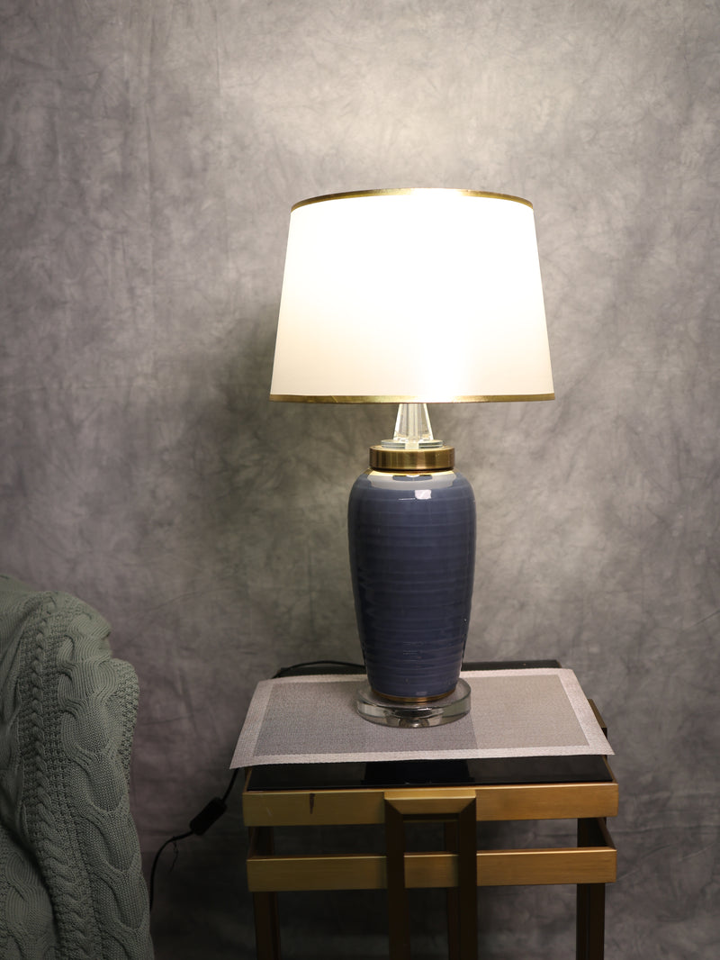 Blue Ceramic Lamp with White Hood