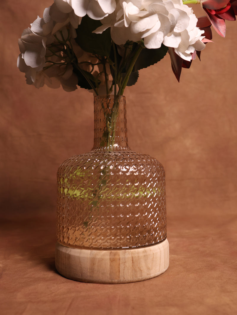 Light Brown Glass Vase with Wooden Base