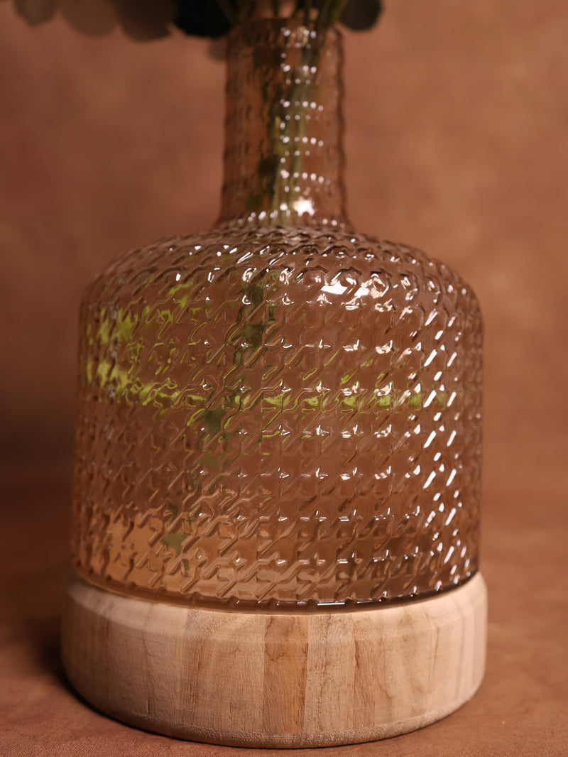 Light Brown Glass Vase with Wooden Base