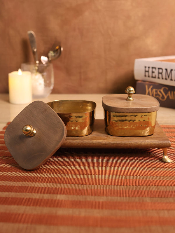 Bowl Set with Wooden Lid Set of 2