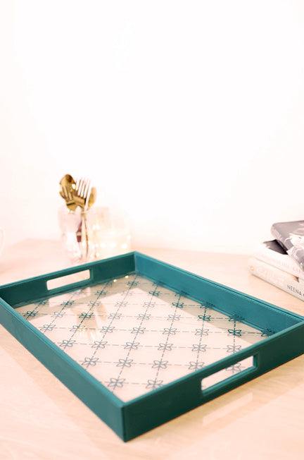 Green Leather and Glass Tray