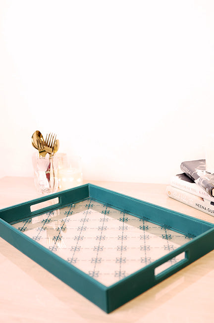 Green Leather and Glass Tray